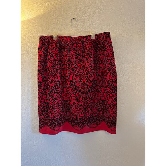 Melissa Paige Women’s Plus 2X Skirt Red Black Brocade Pencil Stretch - Picture 4 of 6